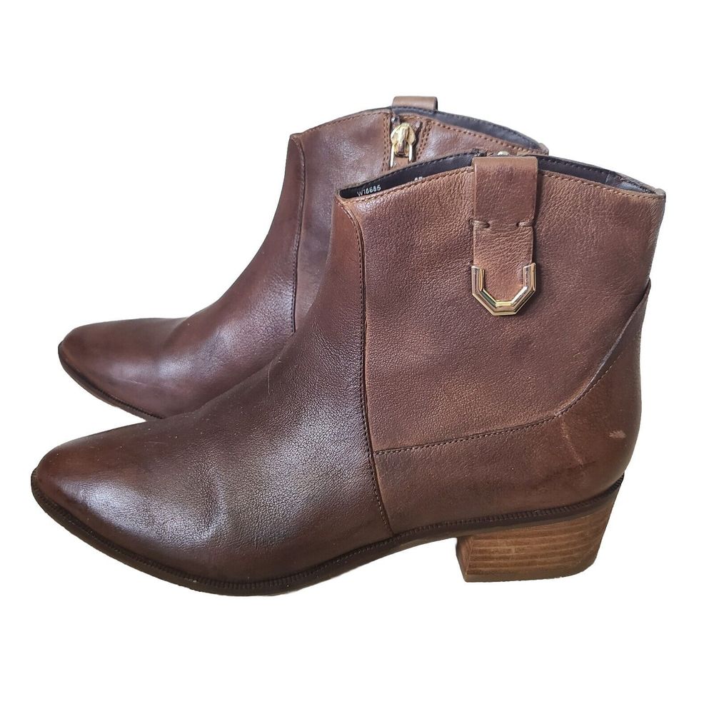 Cole Haan Women Ankle Boots Brown Distressed Leather Zip Heel Sz 8